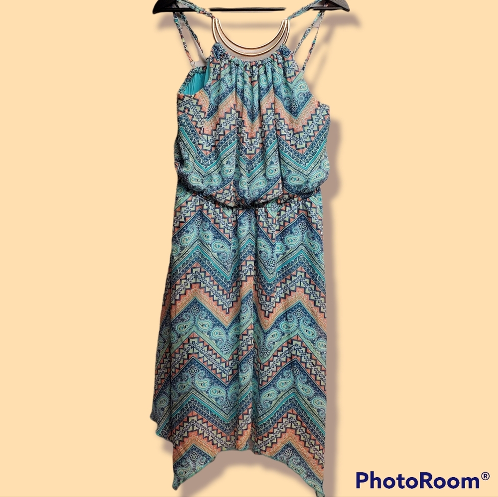 NoBo Hanky Hem Dress Chevron/Paisley w/ Gold Neckline Size XL NWOT